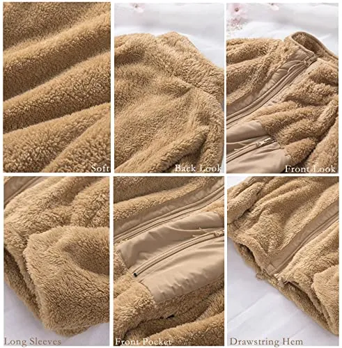 BTFBM Women Long Sleeve Full Zip Jackets Casual Solid Color Loose Fleece Short Teddy Coats Jacket Outerwear With Pockets(Solid Khaki, Medium)