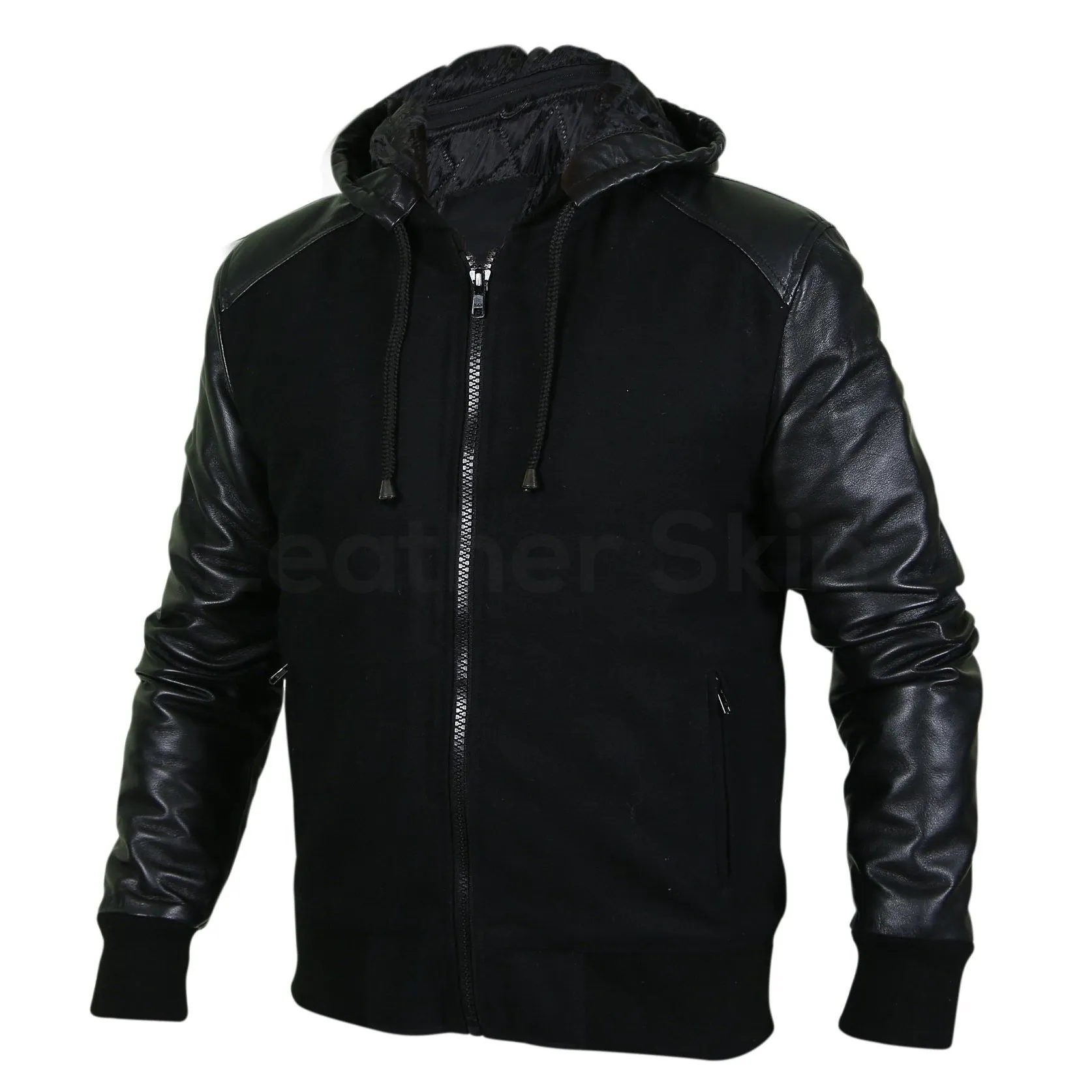 Men Black Hooded Jacket with Leather Sleeves