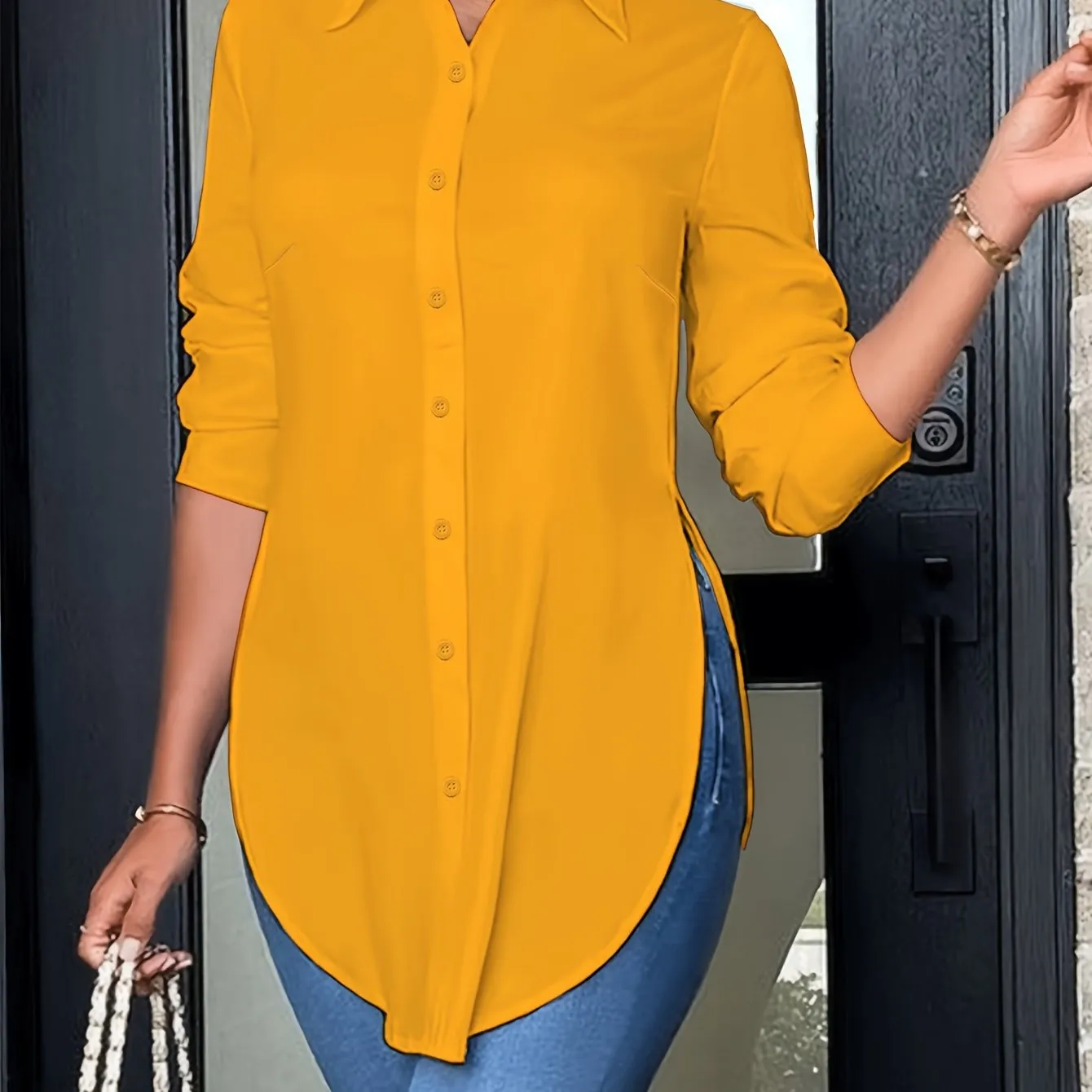 Purpdrank Womens Elegant Split Button Front Long Sleeve Shirt - Soft Polyester, Semi-Sheer, Lapel Collar, Curved Hem, Machine Washable, All-Season Fashion Essential