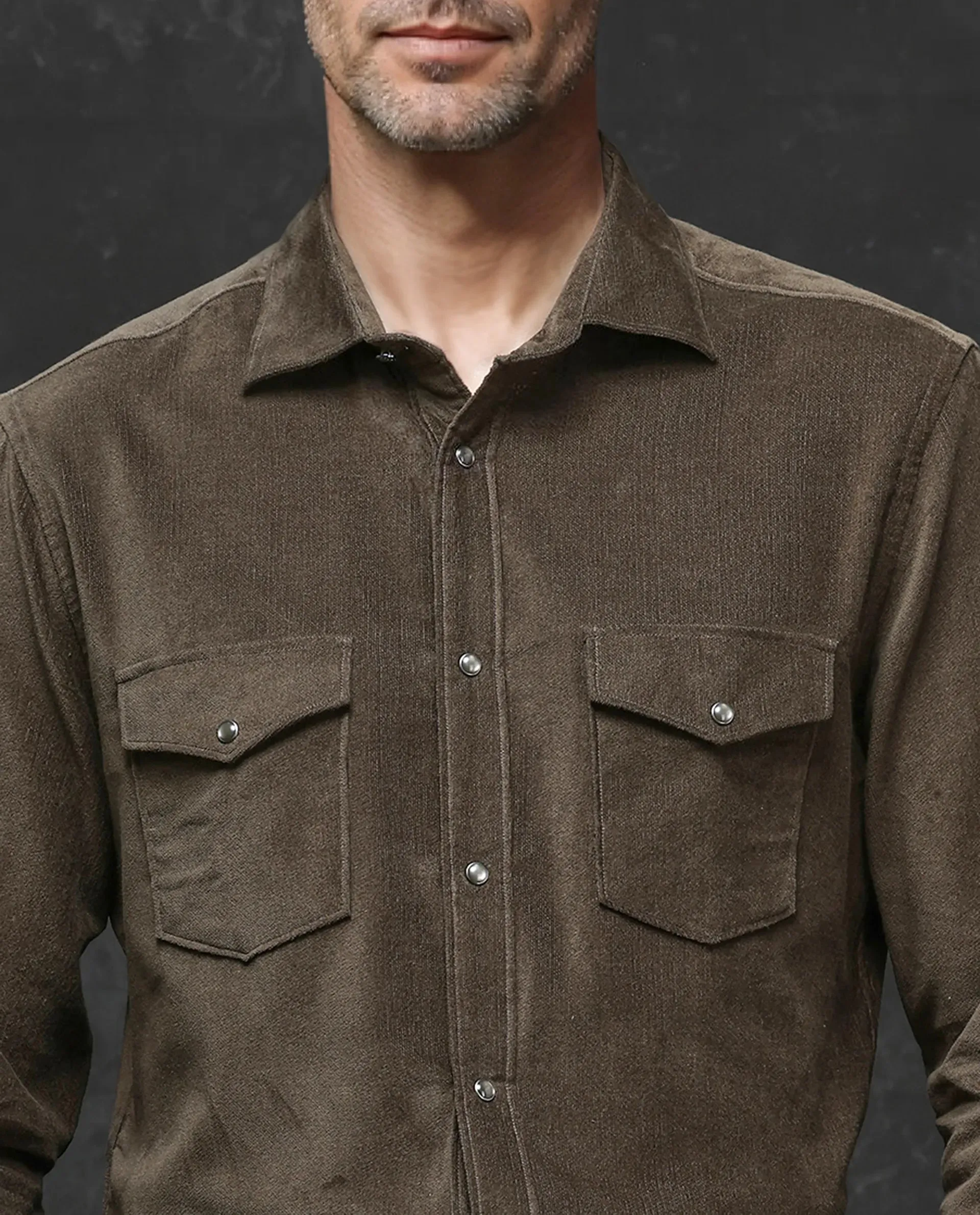 Rare Rabbit Men Cordin-2 Olive Full Sleeve Regular Collared Button Closure Double Pocketed Regular Fit Textured Shirt
