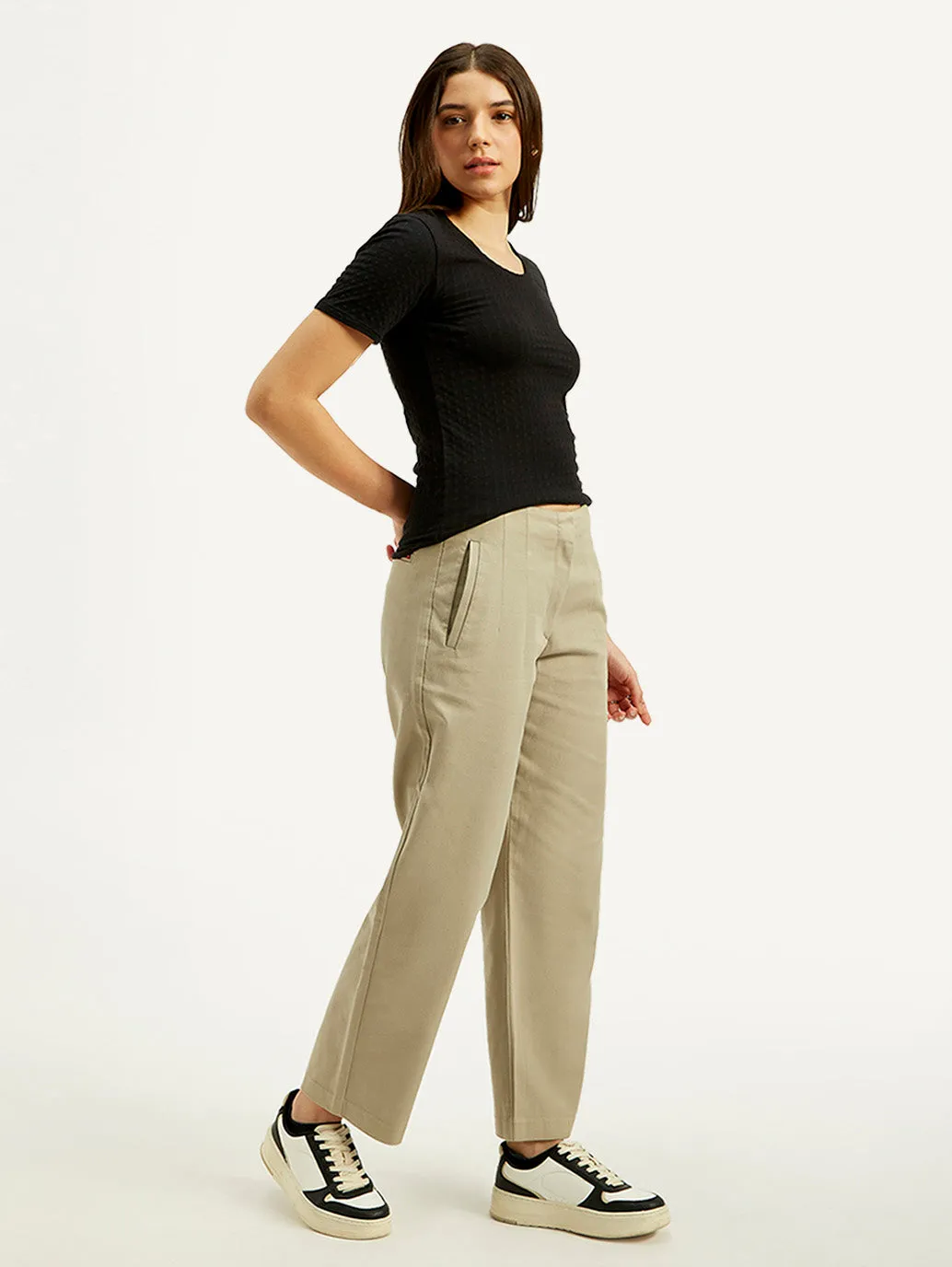 Women's Mid Rise Khaki Loose Fit Trousers